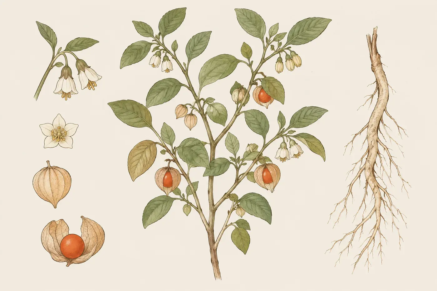 Pflanzenstudie: Ashwagandha als kleiner verzweigter Strauch mit ovalen Blättern, glockenförmigen Blüten und orangeroten Beeren in Hüllen, die lange blasse Wurzel daneben
