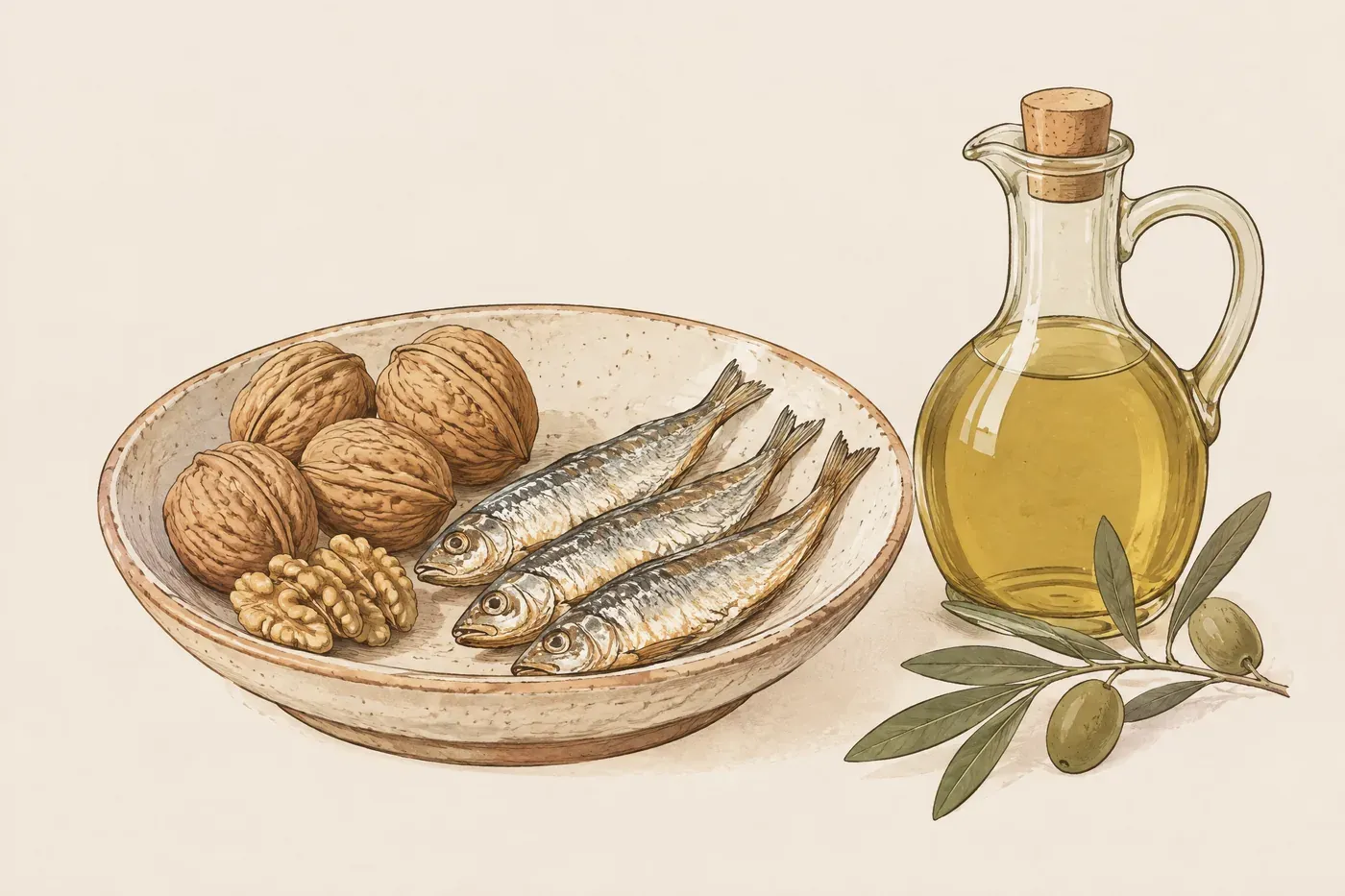 Keramikschale mit Walnüssen und drei kleinen Fischen, daneben eine Glaskaraffe mit Olivenöl und ein Olivenzweig