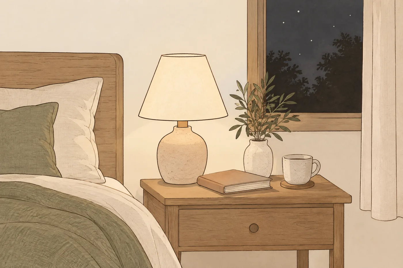 Nachttisch bei Nacht mit brennender Lampe, aufgeschlagen hingelegtem Buch und einer Tasse, dahinter ein dunkles Fenster