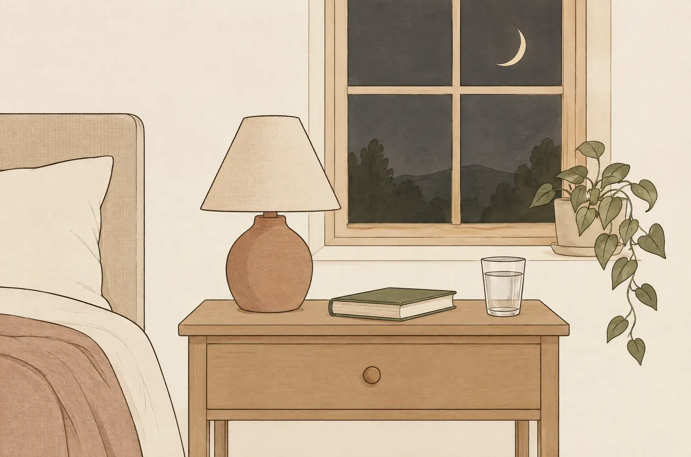Nachttisch mit ausgeschalteter Lampe, zugeklapptem Buch und einem Glas Wasser, dahinter ein Fenster mit Nachthimmel und schmaler Mondsichel