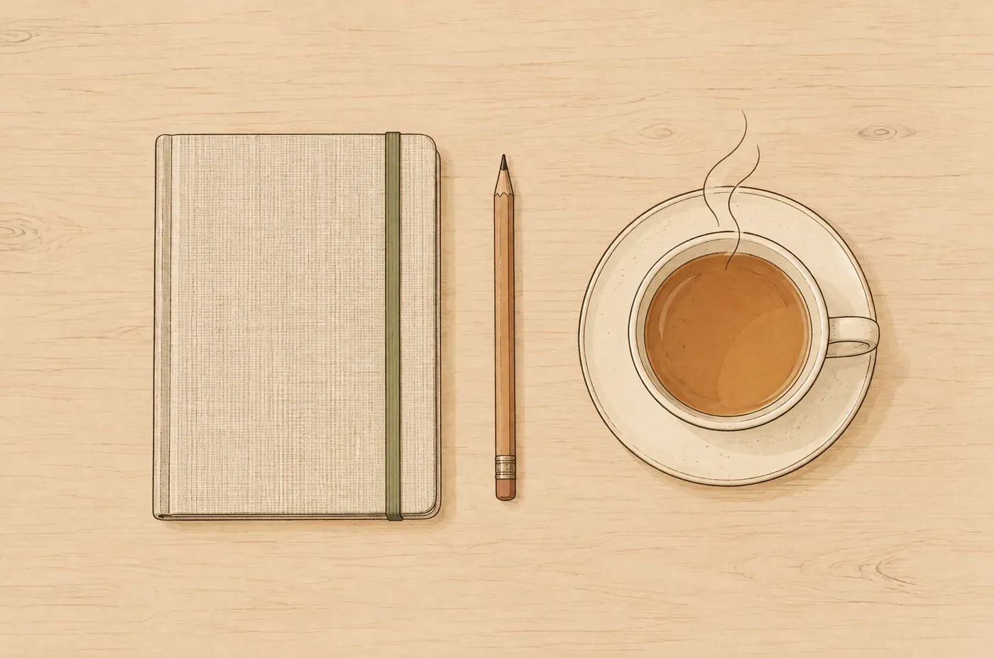 Schreibtisch von oben mit einem geschlossenen Notizbuch, einem Stift daneben und einer breiten Teetasse mit Dampf